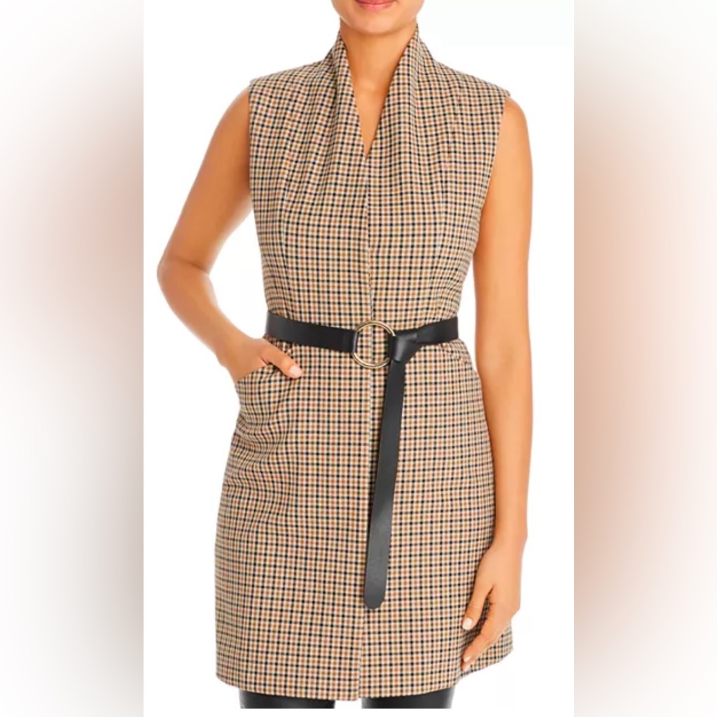 New Elie Tahari Savannah Long Belted Check Vest Almond Multi Size Xs Lined $495